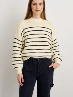 Best Alex Mill Button-Back Crewneck Sweater In Stripe Ivory/Dark Navy