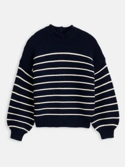 Fashion Alex Mill Button-Back Crewneck Sweater In Stripe Dark Navy/Ivory