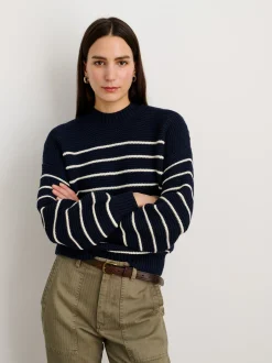 Fashion Alex Mill Button-Back Crewneck Sweater In Stripe Dark Navy/Ivory