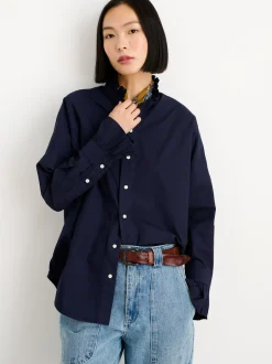 New Alex Mill Easy Ruffle Shirt In Paper Poplin Dark Navy