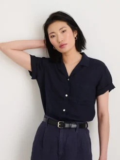 Clearance Alex Mill Maddie Camp Shirt In Linen Dark Navy